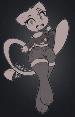 3_fingers 3_toes accessory anthro anthrofied belt big_tail biped bodily_fluids bottomwear bow_(feature) bow_accessory bow_ribbon bra_strap choker clothed clothing drooling eyelashes feet female female_anthro fingers flat_chested front_view fully_clothed fur furgonomics head_tuft jewelry legwear long_legs long_tail looking_at_viewer monotone_body monotone_fur monotone_tail navel necklace off_shoulder open_mouth open_smile pear-shaped_figure pokemorph ribbons saliva shirt shorts smile solo spiral_eyes standing stockings tail tail_accessory tail_bow tail_ribbon thigh_highs toes tongue topwear tuft wide_hips llametsul nintendo pokemon generation_1_pokemon legendary_pokemon mammal mew_(pokemon) pokemon_(species) 2024 digital_media_(artwork) full-length_portrait greyscale hi_res monochrome portrait shaded signature