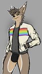 anthro big_ears black_sclera brown_hair bulge clothing fangs fur hair jacket jockstrap lgbt_pride looking_at_viewer male pride_colors simple_background six-stripe_rainbow_pride_colors smile solo teeth topwear underwear botter_dork rio_(botter_dork) bat hybrid mammal mustelid otter 2023 absurd_res colored digital_media_(artwork) hi_res sketch