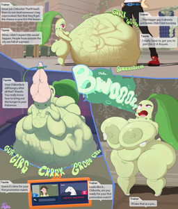 ambiguous_gender anthro anthro_pred anthrofied areola belly big_belly big_breasts big_butt biped bone_imprints bottomwear breast_expansion breasts burping butt clothed clothing detailed_background dialogue digestion digestion_noises duo expansion eye_roll eyebrows eyelashes faceless_character faceless_human fatal_vore feet female female_pred female_prey fingers footwear front_view fully_clothed green_body head_first holding_breast huge_belly huge_breasts huge_butt huge_thighs human_prey hyper hyper_belly imprint leaf monotone_body nipple_dip nipples nude nude_female offscreen_character onomatopoeia open_mouth oral_vore outside pants red_eyes shoes side_view solo solo_focus sound_effects speech_bubble standing swallowing tail text thick_thighs tongue tongue_out vore kinkirin nintendo pokemon pokemon_trainer chikorita generation_2_pokemon human mammal pokemon_(species) 2026 absurd_res comic digital_drawing_(artwork) digital_media_(artwork) english_text hi_res signature