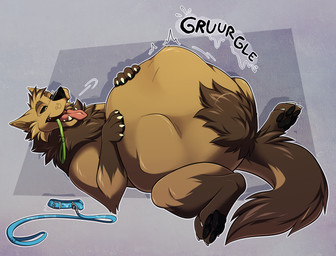 abdominal_bulge abstract_background belly big_belly black_sclera blue_leash bodily_fluids breath brown_body brown_fur collar digestion digestion_noises discarded_leash discarded_object extended_sound_effect feral feral_pred feral_prey fully_inside fur green_leash gurgle_(sound_effect) huge_belly leash leash_in_mouth leashed_collar looking_at_belly looking_at_own_belly lying male male_feral male_pred mane multicolored_body multicolored_fur object_in_mouth on_back oral_vore panting quadruped rumbling_stomach saliva saliva_on_leash saliva_on_object soft_vore solo sound_effect_variant sound_effects struggling struggling_prey two_tone_body two_tone_fur unseen_prey vore vore_tether yellow_eyes leeomon canid canine mammal hi_res