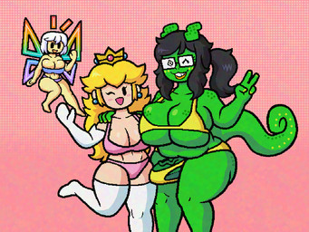 2_antennae 4_fingers antennae_(anatomy) anthro armwear barefoot big_breasts black_eyes black_hair blonde_hair blue_clothing blue_ear_ring bra breast_size_difference breasts cleavage cleavage_overflow clothed clothing crossgender elbow_gloves erection eyewear feet female female_human female_humanoid fingers flying genitals gesture glasses glistening glistening_breasts gloves green_body green_breasts green_penis green_scales green_tail group gynomorph gynomorph_anthro hair hand_gesture handwear highlights_(coloring) huge_breasts humanoidized intersex intersex_anthro legwear long_hair looking_at_viewer mtg_crossgender mti_crossgender multicolored_antennae multicolored_wings navel one_eye_closed open_mouth open_smile panties penis pink_bra pink_clothing pink_panties pink_underwear ponytail purple_clothing purple_underwear rainbow_wings rectangular_glasses scales size_difference smile spiral spiral_eyes standing stockings tail tan_body tan_breasts tan_skin trio underwear v_sign vein veiny_penis white_armwear white_clothing white_elbow_gloves white_gloves white_hair white_handwear white_legwear white_stockings wings wink winking_at_viewer yellow_bra yellow_clothing yellow_panties yellow_underwear fuzzycapsule08 mario_bros nintendo paper_mario francis_(paper_mario) princess_peach tippi_(mario) animal_humanoid arthropod arthropod_humanoid butterfly_humanoid chameleon human humanoid insect insect_humanoid lepidopteran lepidopteran_humanoid lizard mammal reptile scalie 2024 4:3 digital_media_(artwork) shaded