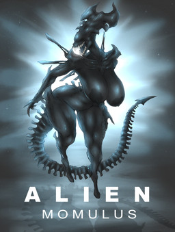 anthro areola big_breasts black_areola black_body black_nipples black_skin breasts eyeless fangs female huge_breasts nipples open_mouth sharp_teeth solo spiked_tail spikes spikes_(anatomy) tail teeth text thick_thighs wide_hips dullvivid alien_(franchise) alien_queen alien xenomorph xenomorph_queen english_text hi_res