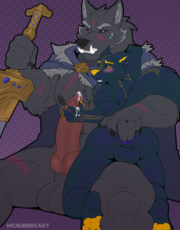 anal anal_fingering animal_genitalia anthro anus balls black_sclera blush bodily_fluids cape claws clothing cum cum_drip cum_dripping_from_penis dark_body dark_fur dripping duo ears_back erection fangs fingering fur genital_fluids genitals highlights_(coloring) knot male male/male melee_weapon muscular muscular_male navel nipples pawpads penis pivoted_ears purple_anus purple_eyes purple_highlights scar scars_all_over sheath simple_background size_difference sweat sword teeth vein veiny_penis weapon yellow_claws yellow_eyes yellow_nose yellow_pawpads mcnubbies elden_ring fromsoftware blaidd_(elden_ring) zulu_(wo1fman) canid canine canis mammal wolf absurd_res hi_res