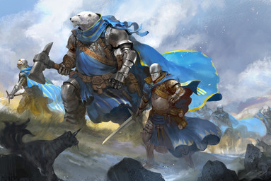 ambiguous_gender anthro armor blue_cape blue_clothing cape clothing cloud feral grass group hammer headgear helmet holding_hammer holding_melee_weapon holding_object holding_sword holding_tool holding_weapon horn male melee_weapon outside pauldron plant plate_armor rock standing sword tools weapon kekai_kotaki bear felid human mammal polar_bear ursine hi_res