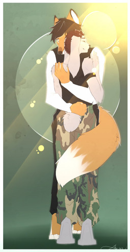 anthro border clothed clothing duo fully_clothed hug love standing tiptoes wysdrem canid canine fox hare lagomorph leporid mammal red_fox true_fox 2017 digital_media_(artwork) full-length_portrait hi_res portrait signature warm_colors