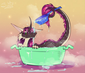 big_ears claws equis_universe fangs female feral fur grumpy hair horn hot_water kirinaes kitchen_utensils ladle paws solo steam teeth tools wash water wet wet_body wet_fur wet_hair sunny_way sunny_way_(character) ki'rinaes hi_res