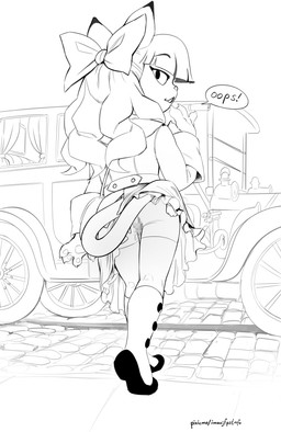 accessory anthro bodily_fluids boots bottomwear bow_ribbon butt car censored_genitalia censored_vulva clothed clothing coy female flashing footwear genital_fluids hair_accessory hair_bow hair_ribbon legwear loli looking_at_viewer looking_back looking_back_at_viewer ribbons shoes skirt solo stockings tail tail_under_skirt teasing teasing_viewer teasing_with_butt thigh_stockings vaginal_fluids vehicle walking young young_anthro young_female imaajfpstnfo lackadaisy ivy_pepper domestic_cat felid feline felis mammal 2025 censored monochrome