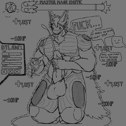 abs anthro balls big_balls big_penis bodily_fluids cum cum_drip cum_on_hand cumshot dice dripping ejaculation gameplay_mechanics genital_fluids genitals glans gui health_bar humanoid_genitalia humanoid_penis hypnosis kneeling machine magic magic_user male mind_control muscular muscular_male pecs penis profanity ringed_eyes solo speech_bubble text vein veiny_penis exoticdragonbeing protogen 1:1 english_text hi_res monochrome sketch