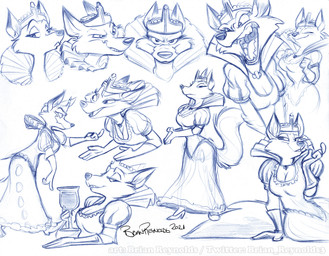 alcohol angry anthro beckoning bedroom_eyes beverage breasts clasped_hands cleavage clothed clothing crown dress expressions fangs female footwear frown gesture gloves hand_gesture handwear headgear high_heels jewelry looking_at_viewer narrowed_eyes necklace pointing queen royalty ruff_(clothing) seductive shoes smile smirk smug solo teeth wine yelling brian_reynolds nakhta canid canine fox mammal 2021 blue_and_white hi_res monochrome multiple_scenes