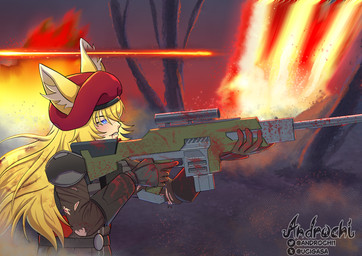 angry battle beret blood bodily_fluids bullet_wound clothing ear_wound explosion female fox_ears fox_tail gun hair hand_on_trigger hat headgear headwear holding_object holding_weapon long_hair looking_at_another looking_through_scope ranged_weapon shooting solo topwear torn_clothing torn_topwear war weapon wounded animal_humanoid canid canid_humanoid canine canine_humanoid fox fox_humanoid humanoid mammal mammal_humanoid hi_res