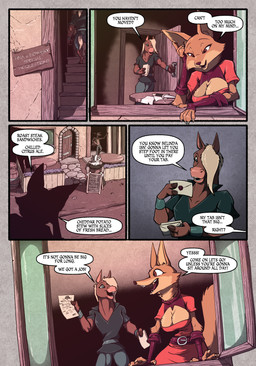 anthro barrel breasts bulge cleavage clothed clothing dagger dialogue duo fantasy fantasy_clothing female fur furniture hair inside letter male male/female melee_weapon muscular open_mouth road sign skimpy smile speech_bubble stairs tail text weapon window window_sill thorns_roost badger canid canine deer equid equine fox horse mammal mustelid musteline absurd_res colored comic digital_drawing_(artwork) digital_media_(artwork) english_text hi_res shaded