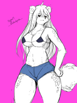 ahoge anthro bikini bikini_top blue_bottomwear blue_clothing blue_shorts bottomwear breasts chest_tuft clothed clothing denim denim_bottomwear denim_clothing denim_shorts female fur fur_tuft hair medium_breasts micro_bikini shorts skimpy solo swimwear thick_thighs tuft two-piece_swimsuit winick-lim interspecies_reviewers elza_(interspecies_reviewers) hyena mammal 3:4 signature