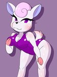 anthro breasts cleavage clothed clothing female front_view fur hair hand_on_breast hooved_hands leaning leaning_forward looking_at_viewer one-piece_swimsuit pink_hair purple_eyes solo swimwear white_body white_fur nojimmyplz animal_crossing nintendo diana_(animal_crossing) deer mammal hi_res portrait three-quarter_portrait