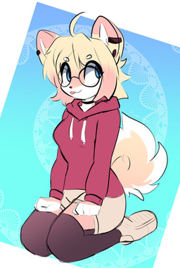 anthro clothing ear_piercing ear_ring eyewear female glasses hair hoodie kneeling piercing ring_piercing solo tail tongue tongue_out topwear cat_citrus aska_(anakoluth) canid canine canis domestic_dog mammal shiba_inu spitz hi_res