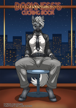 accessory anthro big_breasts biped black_clothing black_jacket black_topwear blue_eyes bottomwear breasts bulge city city_background clothed clothed_gynomorph clothed_intersex clothing detailed_background fauxhawk fingers grey_body gynomorph gynomorph_anthro hair hand_on_leg hooves intersex intersex_anthro jacket looking_at_viewer necktie night pants shirt short_hair sitting smile solo star tail text topwear white_clothing white_hair white_shirt white_topwear iginger darkness_(iginger) equid equine horse mammal 2025 comic cover cover_art cover_page digital_media_(artwork) english_text full-length_portrait hi_res portrait