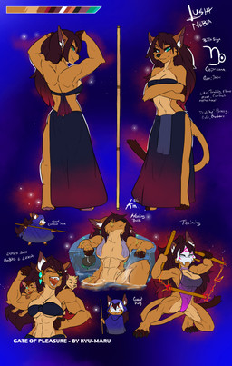 anthro brown_body brown_fur clothing female fur gem green_eyes hair mask multicolored_hair muscular reff scar solo staff text kyu-maru lushy_(kyu-maru) canid canine canis felid hybrid jackal lion mammal pantherine absurd_res english_text hi_res
