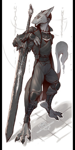 anthro armor barefoot claws clothed clothing draize fantasy feet fur male melee_weapon solo sword tail toes weapon kredri mammal sergal hi_res