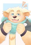 anthro blush floppy_ears fur green_eyes looking_at_viewer male overweight overweight_male scarf smile solo yellow_body yellow_fur daifuku_takata lifewonders tokyo_afterschool_summoners cu_sith_(tas) bird_dog canid canine canis domestic_dog golden_retriever hunting_dog mammal retriever hi_res