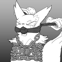 ambiguous_gender anthro bdsm bondage bound chain chained cloth_gag gag solo raptorroper nintendo pokemon generation_3_pokemon pokemon_(species) zangoose 1:1 black_and_white hi_res line_art monochrome