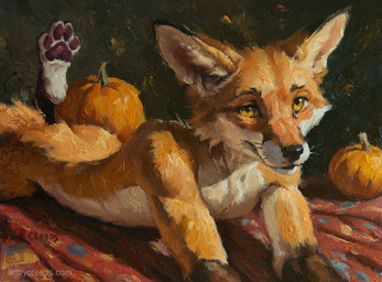ambiguous_gender anthro bedroom_eyes cloth food fruit lying lying_on_cloth lying_on_ground narrowed_eyes nude nude_ambiguous nude_anthro on_front on_ground pawpads paws plant pumpkin safe_nudity seductive smile solo text whiskers creeps canid canine fox mammal 2025 oil_painting_(artwork) painting_(artwork) signature traditional_media_(artwork) traditional_painting_(artwork) url