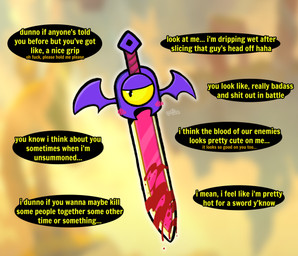 bat_wings blood blood_on_object blood_on_weapon blush blush_lines bodily_fluids dialogue flirting flirting_with_viewer melee_weapon membrane_(anatomy) membranous_wings profanity solo sword text tsundere weapon wings yellow_sclera pincoosh dead_cells serenade_(dead_cells) animate_inanimate living_melee_weapon living_sword living_weapon absurd_res digital_media_(artwork) english_text hi_res signature