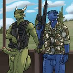 1:1 anthro argonian balls bethesda_softworks big_balls big_penis blue_body blue_eyes blue_scales bottomless camo camo_clothing camo_print clothed clothing duo erection foreskin gear genitals gun holding_object holding_weapon horn humanoid_genitalia humanoid_penis looking_at_viewer male microsoft muscular muscular_anthro muscular_male p90 pattern_clothing penis ranged_weapon reptile scales scalie shen_(archshen) smile spikes submachine_gun tail tall_lizzard_(artist) the_elder_scrolls topwear tristen weapon
