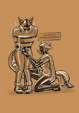ambiguous_gender ankle_cuffs anthro armwear bdsm bondage bound breasts bulge_grab clothing cuff_(restraint) dialogue duo earplugs female fully_bound gag gagged gagged_drooling gimp_mask inflatable_collar inflatable_straitjacket inmates_clothing latex latex_armwear latex_clothing latex_hood latex_legwear latex_skinsuit latex_stockings latex_straitjacket legwear lock_bulge lock_symbol male male/female mask nose_hook null_bulge permanent_bondage prison_uniform prisoner restraints skinsuit smug stockings straitjacket straps submissive submissive_male text tight_clothing trapped worried gummiipupp kenai_(coyote) canid canine canis coyote mammal english_text hi_res