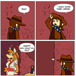 ambiguous_gender anthro clothed clothing cowboy_hat dialogue female hat headgear headwear long_snout snout speech_bubble text arcatech undertale_(series) undertale_yellow ceroba_ketsukane clover_(undertale_yellow) canid canine fox human mammal 1:1 2026 comic digital_media_(artwork) english_text hi_res