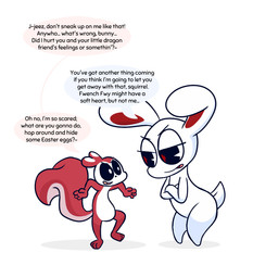 anthro dialogue duo fur male open_mouth simple_background speech_bubble tail text white_background white_body vladigaunt chikn_nuggit hawt_saus_(chikn_nuggit) iscream_(chikn_nuggit) lagomorph leporid mammal rabbit rodent sciurid tree_squirrel 1:1 comic digital_media_(artwork) english_text hi_res nonbinary_(lore)