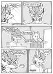 absurd_res anthro black_and_white canid canine clothed clothing comic dialogue door duo ear_piercing electronics english_text fox hi_res inner_ear_fluff inside kifyun2 male mammal microphone monochrome piercing scientist(undying_void) simple_background speech_bubble tatsuo_kimura text tuft