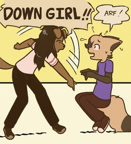 anthro bdsm black_hair bodily_fluids brown_body brown_fur clothing command crouching duo fangs female fur hair male male/female motion_lines obedient petplay purple_clothing purple_shirt purple_topwear roleplay shirt sweat tan_body tan_fur teeth topwear white_clothing white_shirt white_topwear ssdh down_boy_(meme) angel_(angelbunny) salty_(ssdh) canid canine canis domestic_cat domestic_dog felid feline felis mammal