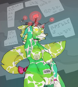 antennae_(anatomy) antennae_growth anthro barcode barcode_tattoo big_breasts breasts collar curvy_figure cybernetics drone dronification female genetically_modified glowing glowing_eyes growth looking_at_viewer machine mind_control nipples nude nude_female robotification science_fiction solo tail tattoo voluptuous voluptuous_anthro wristband smagadoodle canid canine mammal hi_res