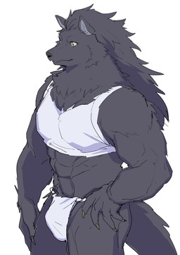 anthro barazoku black_body black_fur black_nose bottomwear claws clothing crop_top finger_claws fluffy fluffy_tail fur kemono loincloth male midriff muscular muscular_anthro muscular_male pointy_ears shirt solo tail topwear underwear konbu saikyou_no_shokugyou_wa_yuusha_demo_kenja_demo_naku_kanteishi_(kari)_rashii_desu_yo? claude_abras canid canine canis mammal wolf