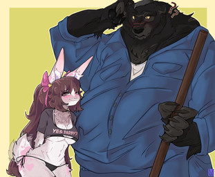 accessory age_difference anthro bangs bashful black_body black_fur blush bow_ribbon bra breasts broom brown_body brown_eyes brown_fur brown_hair chest_scar claws cleaning_tool cleavage clothed clothing confusion daddy_kink duo eyebrows facial_scar female fluffy fluffy_chest freckled_breasts freckles frown fur green_background grey_hair hair hair_accessory hair_bow hair_over_eyes hair_ribbon hands_behind_back heart_(marking) inner_ear_fluff interspecies jacket janitor larger_male long_ears male male/female markings multicolored_body multicolored_fur older_male overweight pawpads question_mark raised_eyebrow ribbons scar scratching_head shirt short_hair short_tail simple_background size_difference skimpy small_ears smaller_female smile snout snout_scar t-shirt tail tail_motion tailwag text text_on_clothing text_on_shirt text_on_topwear thong topwear tuft twintails_(hairstyle) two_tone_body two_tone_fur underwear white_body white_fur yellow_eyes younger_female msgurt fan_character bear black_bear lagomorph leporid mammal rabbit ursine hi_res story story_in_description