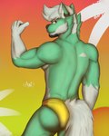 anthro athletic athletic_anthro athletic_male beard butt clothed clothed_anthro clothed_male clothing eyebrows facial_hair fur green_body green_fur hair head_turned looking_at_viewer looking_back male multicolored_body multicolored_fur outside palms rear_view short_hair sky smile solo speedo speedo_only standing summer sun sunset swimwear tail topless two_tone_body two_tone_fur white_body white_fur white_hair yellow_clothing yellow_speedo yellow_swimwear ryoryoryo_20 ryoishisaki canid canine canis domestic_dog humanoid husky mammal nordic_sled_dog spitz wolf 2024 absurd_res artist_name half-length_portrait hi_res portrait shaded