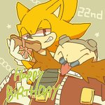 anthro carrying_another clenched_teeth clothing duo facial_hair food footwear fur gloves grin half-closed_eyes handwear happy_birthday holding_food holding_object hot_dog male mustache narrowed_eyes on_shoulder red_eyes shoes simple_background sitting smile star super_form teeth text yellow_background yellow_body yellow_fur bukikobuta sega sonic_the_hedgehog_(series) dr._eggman sonic_the_hedgehog super_sonic eulipotyphlan hedgehog human mammal 1:1 2013 aliasing digital_media_(artwork) english_text low_res