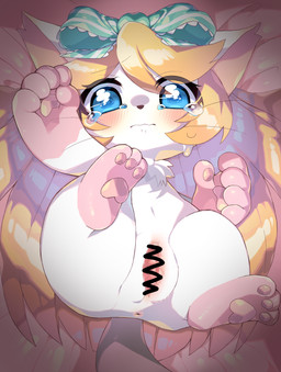 accessory anthro anus blonde_hair blue_eyes blush bodily_fluids bow_(feature) bow_accessory bow_ribbon centered_hair_bow chest_tuft female fur genitals gloves_(marking) hair hair_accessory hair_bow hair_ribbon ineffective_censorship leg_markings looking_at_viewer markings pawpads paws pink_markings pink_pawpads ribbons socks_(marking) solo tears tuft vulva whiskers white_body white_fur young meru_(artist) cat_busters alice_(cat_busters) domestic_cat felid feline felis mammal 2019 absurd_res censored hi_res