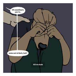 anthro black_clothing black_shirt black_t-shirt black_topwear border bottomwear clothing duo ears_over_eyes embarrassed female fur green_bottomwear green_clothing green_pants hand_on_shoulder inner_monologue knees_pulled_up pants shirt simple_background sitting speech_bubble t-shirt tan_body tan_fur text thinking topwear white_body white_border white_fur oystr jo_(oystr) lily_(oystr) canid canine canis domestic_dog hunting_dog mammal sighthound 1:1 english_text hi_res