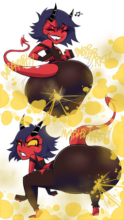 anthro big_butt black_hair bottomwear butt butt_focus clothing crop_top crouching eyes_closed fart fart_cloud fart_fetish farting_at_viewer female fingerless_gloves gloves hair handwear horn motion_lines musical_note musical_symbol open_mouth open_smile pants red_body red_skin shirt smile solo sound_effects spade_tail symbol tail tight_bottomwear tight_clothing topwear torn_bottomwear torn_clothing torn_pants wide_hips yellow_fart_cloud yellow_sclera zeeny hellaverse helluva_boss millie_(helluva_boss) demon demon_humanoid horned_humanoid humanoid imp tailed_humanoid absurd_res archived_source hi_res