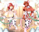 animal_print anthro areola big_breasts bodily_fluids breast_milking breast_size_difference breasts clothing cow_print duo eyelashes female front_view huge_breasts lactating legwear machine milking_machine open_mouth open_smile pupils smile thick_thighs thigh_highs leonkatlovre mammal mouse murid murine rodent hi_res