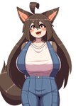 anthro big_breasts blush breasts brown_body brown_hair brown_tail clothing female hair huge_breasts long_hair looking_at_viewer open_mouth smile solo suspenders tail white_body komenuka_inaho mohuko_(komenuka_inaho) canid canine canis domestic_dog mammal absurd_res hi_res