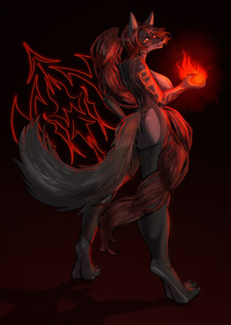 anthro arched_back arm_tattoo female fire hair long_hair long_legs looking_back nude ponytail red_hair solo tail tattoo deejayskullz sylvana canid canine canis mammal wolf absurd_res hi_res