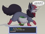 abdominal_bulge feral fluffy fluffy_tail gameplay_mechanics kerchief male male_pred neckerchief oral_vore rumbling_stomach simple_background solo speech_bubble tail text unseen_prey vore slimyjaws nintendo pokemon duke_(slimyjaws) generation_5_pokemon pokemon_(species) zorua english_text hi_res