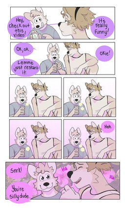 blank_expression blush clothing dialogue duo electronics flower handband laugh looking_at_another male male/male phone plant shirt short slightly_chubby tank_top text topwear p_rindustries dexter_(p_rindustries) kevin_(p_rindustries) canid canine mammal 3:5 comic english_text hi_res