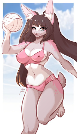 anthro arm_tuft ball bottomwear bra breasts brown_eyes brown_hair cleavage clothed clothing cloud cloudy_sky digitigrade eyebrow_through_hair eyebrows eyelashes eyelashes_through_hair eyeshadow female flowing_hair fluffy fluffy_tail freckled_face freckles fur fur_markings hair holding_ball holding_object inner_ear_fluff long_ears long_hair looking_at_viewer makeup markings multicolored_body multicolored_fur navel nipple_outline on_one_leg open_mouth open_smile pink_bottomwear pink_bra pink_clothing pink_eyeshadow pink_markings pink_shorts pink_sports_bra pink_spots pink_underwear short_tail shorts shoulder_tuft skimpy sky smile solo sports_bra spots standing tail tongue translucent translucent_hair tuft twintails_(hairstyle) two_tone_body two_tone_fur underwear volleyball_(ball) volleyball_uniform fuvi fan_character lagomorph leporid mammal rabbit absurd_res hi_res story story_in_description