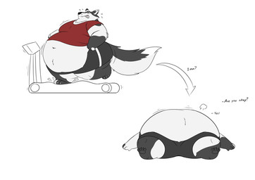 anthro belly belly_jiggle belly_overhang big_belly black_body black_fur bodily_fluids breath claws clenched_teeth clothed clothing dialogue exercise eyes_closed flying_sweatdrops fur jiggling lying male moobs navel obese obese_anthro obese_male offscreen_character on_back overweight overweight_anthro overweight_male running simple_background solo sweat sweatdrop teeth text thick_thighs toe_claws treadmill white_background white_body white_fur wazplm52 canid canine mammal english_text hi_res sequence