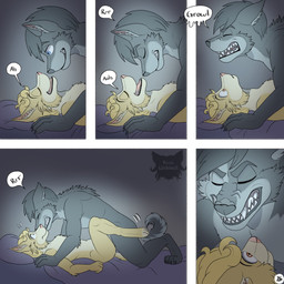 anthro bed between_legs black_hair blonde_hair blue_eyes cheek_tuft dialogue drip_effect dripping_speech_bubble duo eyes_closed facial_tuft fangs five_frame_image from_front_position fur furniture grey_body grey_fur growling hair legs_up logo looking_at_another lying male male/male missionary_position moan nude on_back on_bed open_mouth page_number raised_fur scared sex sharp_teeth smile smiling_at_another snarling speech_bubble tail teeth text tuft yellow_body yellow_fur kriek_wildebeest jeremy_(kriek_wildebeest) tom_(kriek_wildebeest) border_collie canid canine canis collie domestic_dog herding_dog husky hybrid mammal nordic_sled_dog pastoral_dog sheepdog spitz wolf 1:1 artist_logo comic english_text hi_res multiple_scenes signature