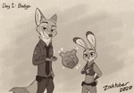 2020 aar0njay anthro badge bottomwear canid canine clothed clothing countershading disney duo female fox fully_clothed fur inktober judy_hopps lagomorph leporid looking_at_viewer male mammal necktie nick_wilde pants police police_uniform rabbit red_fox shirt simple_background smile sparkles topwear true_fox uniform zootopia