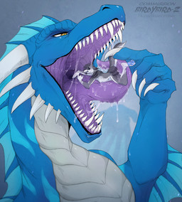 ambiguous_feral ambiguous_gender anthro blue_body blue_eyes blue_frill blue_markings blue_pawpads bodily_fluids cheek_spikes drooling duo facial_spikes fangs feral frill_(anatomy) fur grey_body grey_fur grey_hair grey_scales hair head_crest head_frill horn imminent_vore in_mouth male male_anthro markings narrowed_eyes on_tongue orange_eyes pawpads purple_tongue saliva saliva_on_tongue saliva_string scales semi-anthro sharp_teeth short_hair simple_background spikes spikes_(anatomy) teeth text tongue white_body white_fur white_horn santanahoffman mythology canid canine dragon mammal mythological_creature mythological_scalie scalie artist_name hi_res