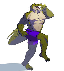 abs anthro barazoku barefoot biceps blue_bottomwear blue_clothing blue_shorts bottomwear clothed clothing feet male muscular muscular_anthro muscular_male navel nipples non-mammal_navel non-mammal_nipples open_mouth pecs running scuted_tail scutes shadow shorts simple_background solo tail topless white_background yellow_sclera megadolix alligator alligatorid crocodilian reptile scalie digital_media_(artwork) hi_res